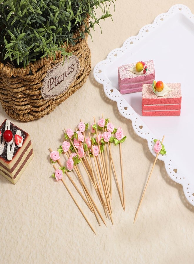 LIQWEI 100 Pcs Pink Rose Flower Cocktail Picks, Pink Flower 4.7 Inch Drink Picks Appetizer Skewers, Cocktail Pick Fruit Skewers for Wedding Valentine Holiday Party Decoration - Image 5